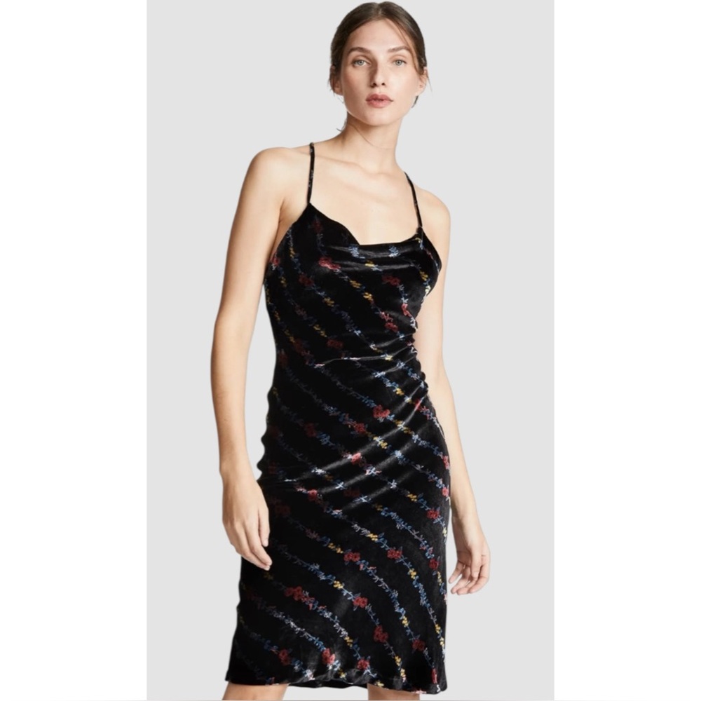MILLY | NWT $350 Velvet Midi Slip Dress in Black with Floral, Size 8